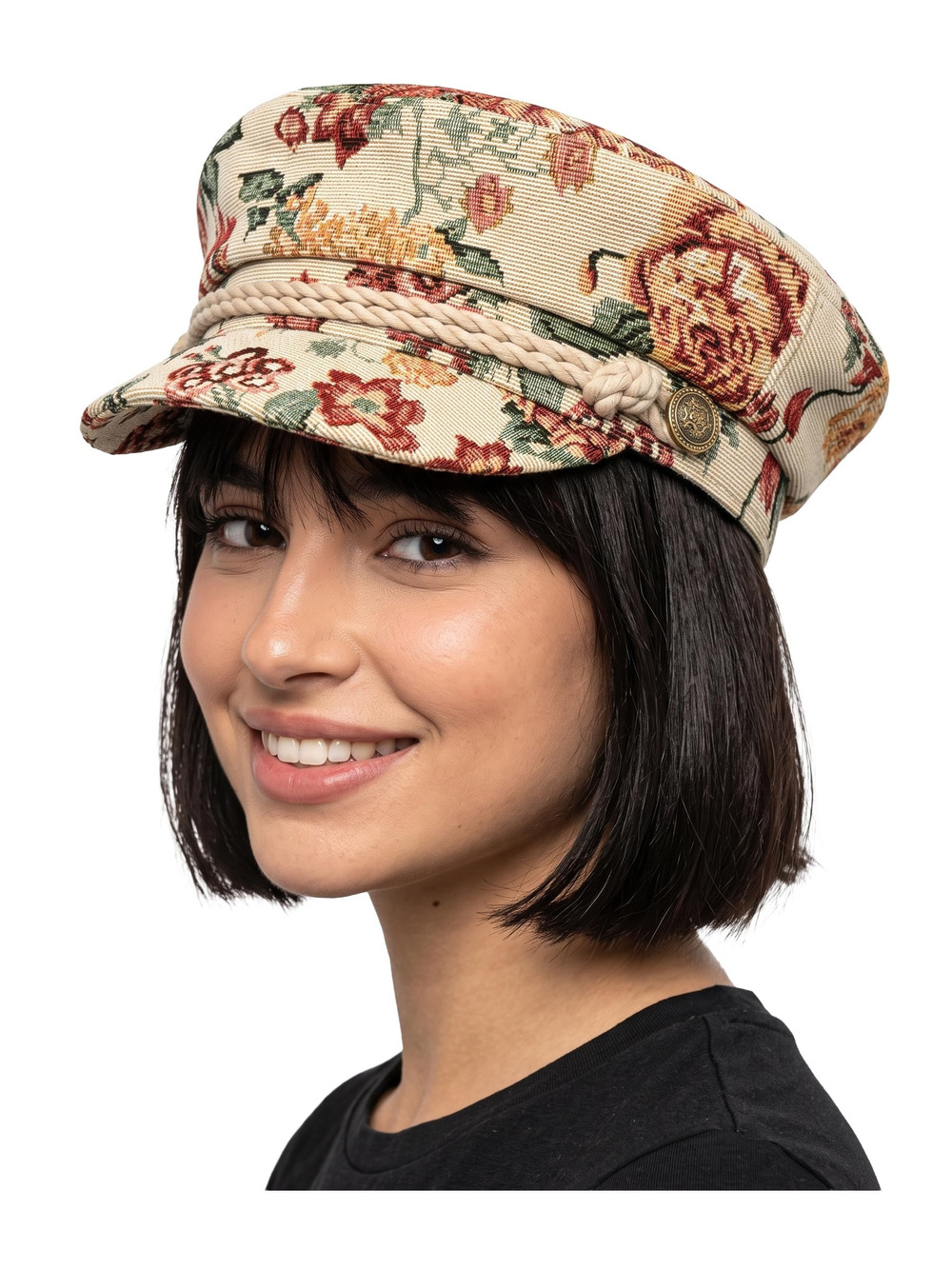 Greek Fisherman Newsboy Cap, Cotton Captains | Vintage Floral, Beige | Size OS